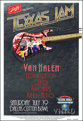 TEXXAS JAM 1986 1986 (June 19):      * Van Halen    * Loverboy     * Dio     * Krokus     * Keel     * Bachman-Turner Overdrive  Trivia: Leslie West joined BTO on stage to perform Mountain's "Mississippi Queen."