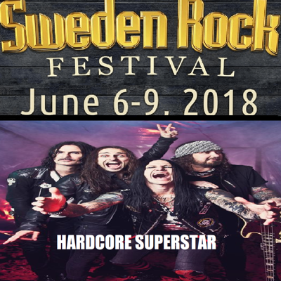  HARDCORE SUPERSTAR S SWEDEN STAGE, ONSDAG 6 JUNI, 23:40  Ett av Sveriges största hårdrocksband har gått igenom ett antal faser sedan starten 1997. Deras tidiga släpp utgör en eklektisk mix av hård rock'n'roll, punk och pop. Fjärde albumet "Hardcore Superstar" (2005), som också blev deras stora genombrott, etablerade dem som "street metal" - sleazerock med en aggression tagen från thrash, enligt dem själva. Denna stil höll de fast vid på de fyra efterföljande albumen, för att därpå släppa den experimentella "HCSS" 2015. Det kommande elfte albumet kommer att ligga närmare den klassiska Hardcore Superstar-stilen, med singeln "Have mercy on me" som ett första smakprov.   