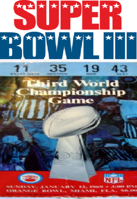 New York Jets (AFL)	Baltimore Colts (NFL) 16	7 1	2	3	4	Total NYJ	0	7	6	3	16 BAL	0	0	0	7	7 Date	January 12, 1969 Stadium	Orange Bowl, Miami, Florida MVP	Joe Namath, Quarterback Favorite	Colts by 18[1][2] Referee	Tom Bell Attendance	75,389[